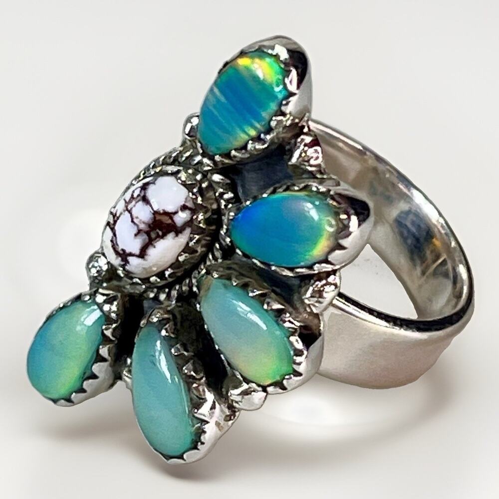 Balloon Opal Wild Horse Turquoise Sterling Cluster Ring Adjust Southwestern 925 - Picture 2 of 15
